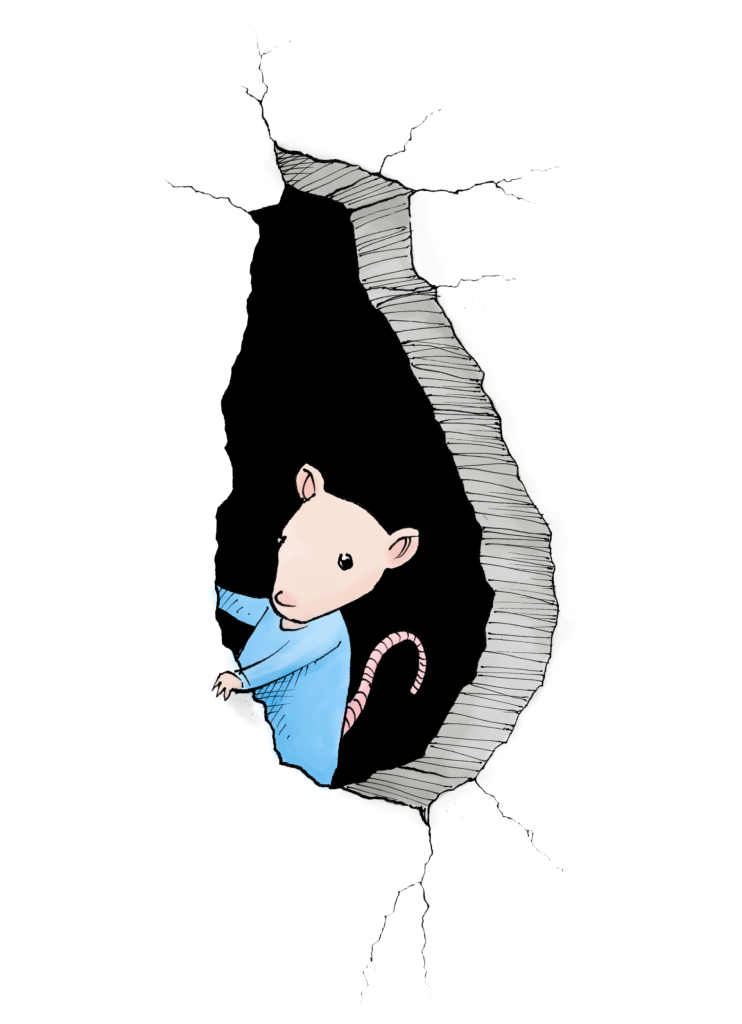 Nadine the Mouse peering out from a opening in concrete