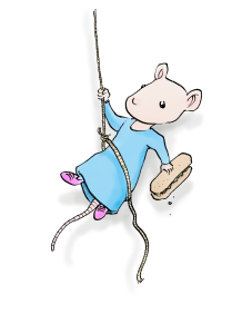 Nadine swinging from a rope holding a sub sandwich