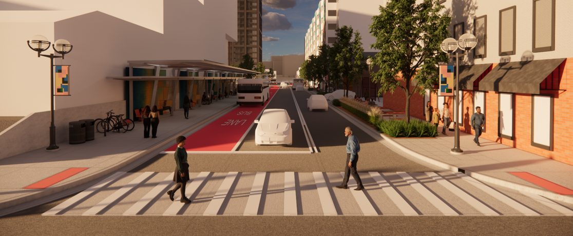 Rendering of 4th Ave looking south with updates added to the bus station and streetscape improvements