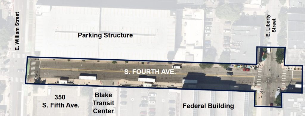 Projected boundary of 4th Ave Project, which spans from East William to East Liberty along 4th.