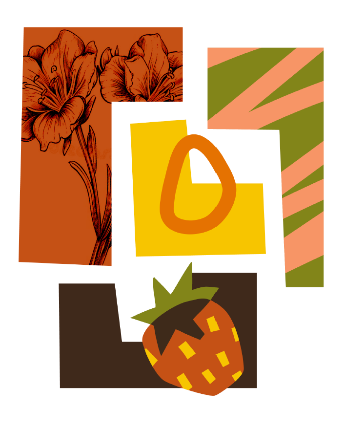 Abstract colorful images of fruit, flowers, and blocks.